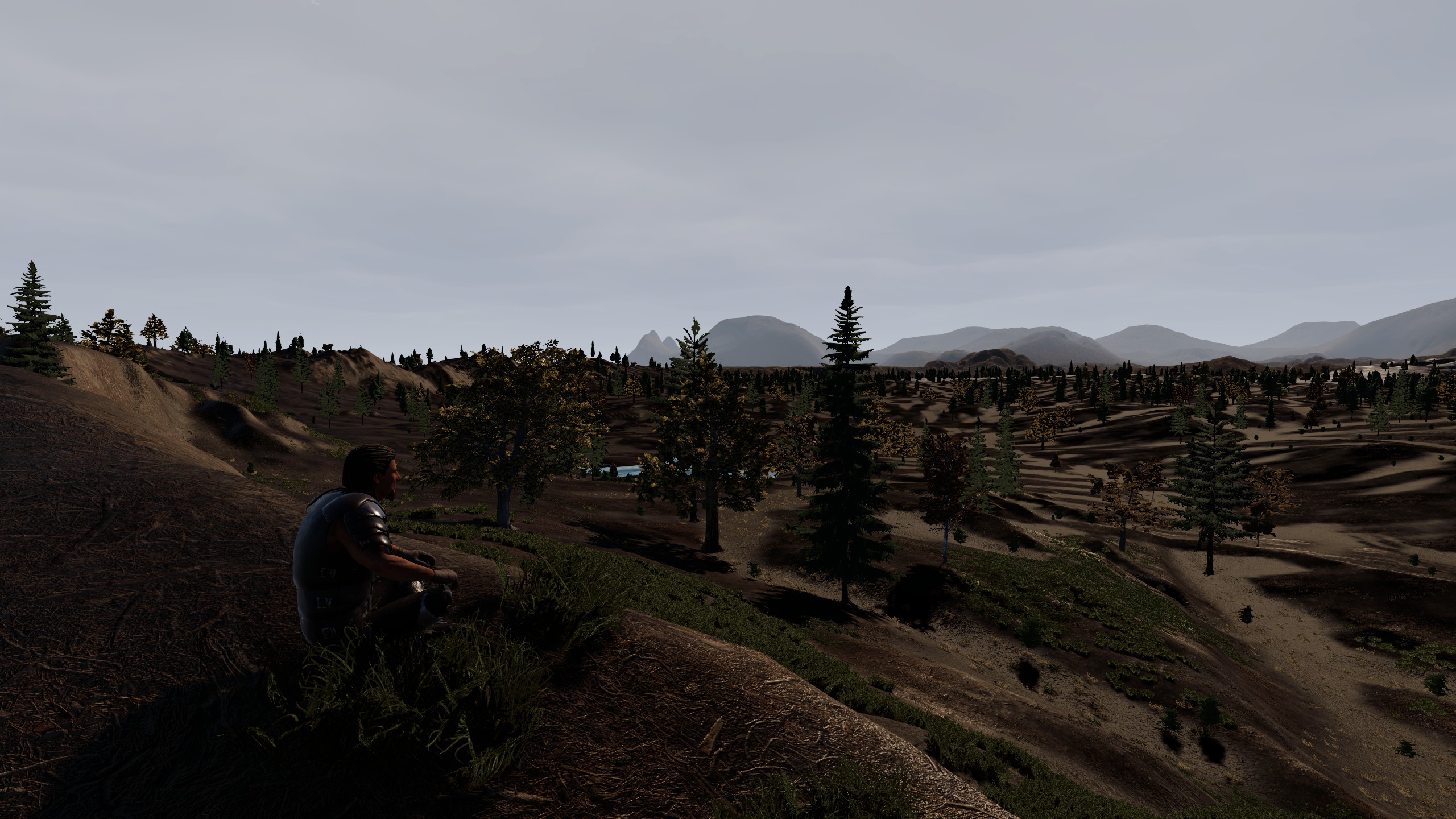 An armored traveler resting above a forested valley and distant mountains in Mortalis