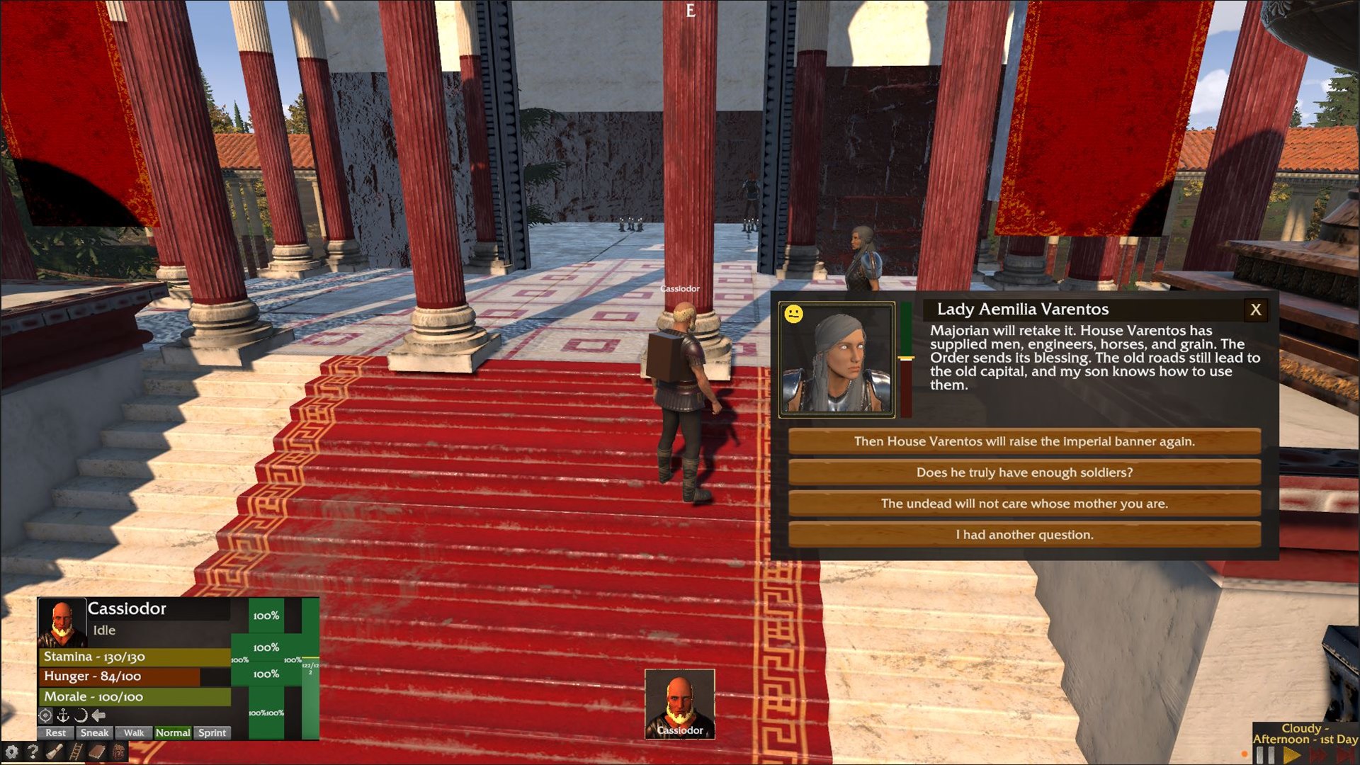 A conversation with Lady Aemilia Varentos outside an imperial hall in Mortalis