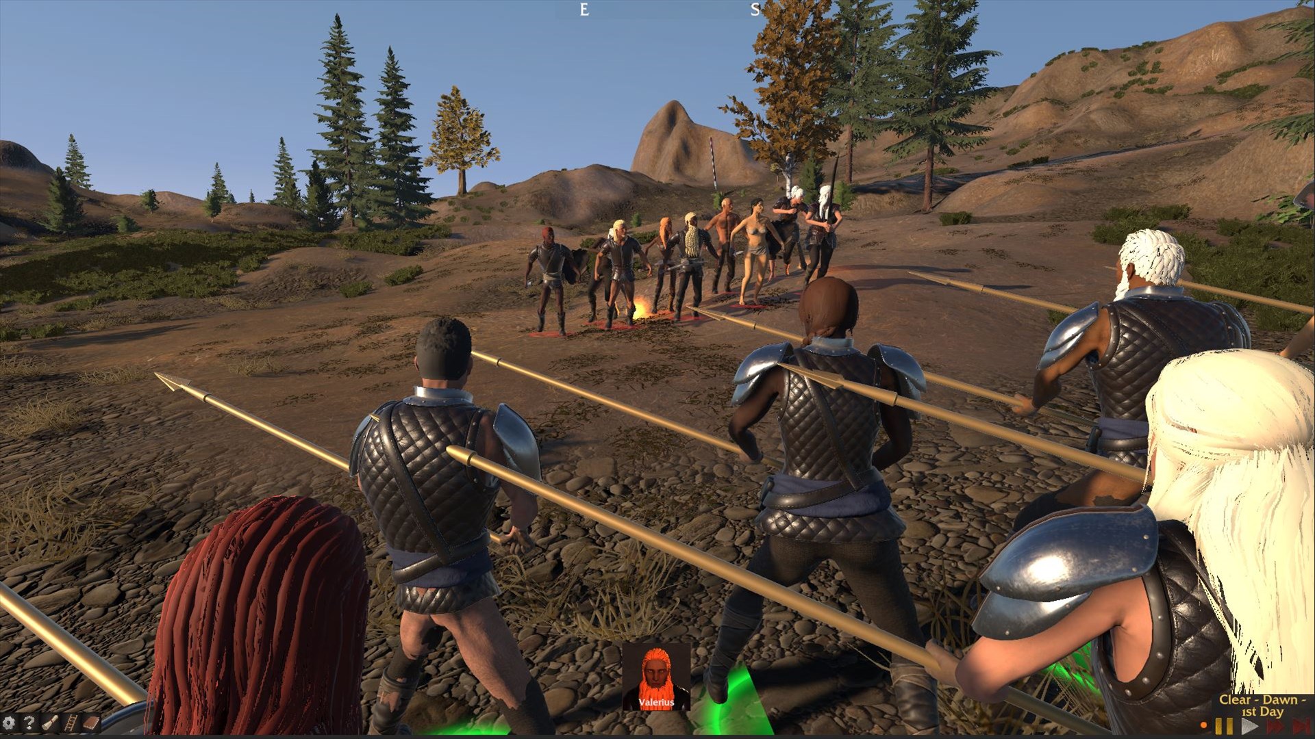 A spear formation facing another group on a wilderness road in Mortalis