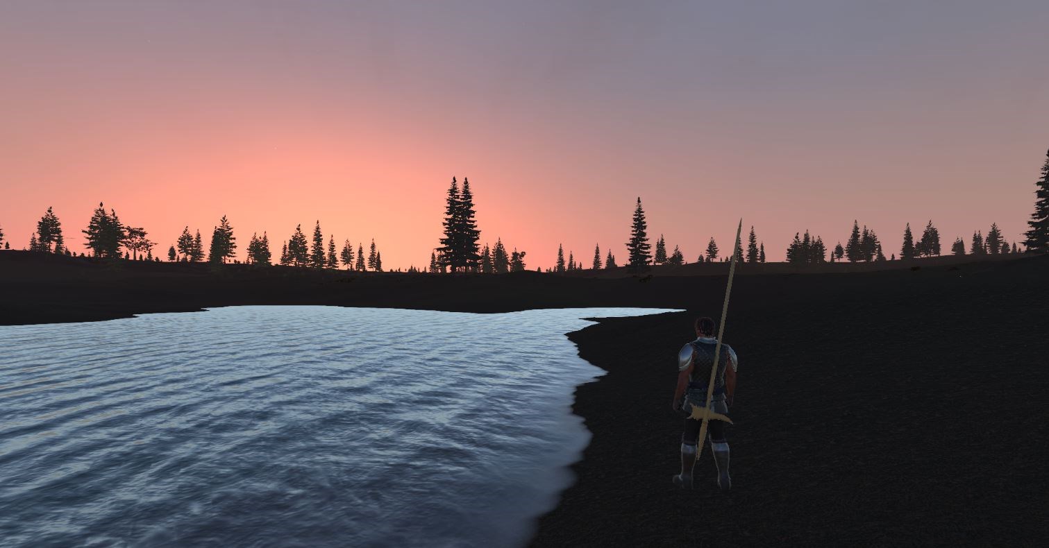 A lone character standing beside a lake at dusk in Mortalis