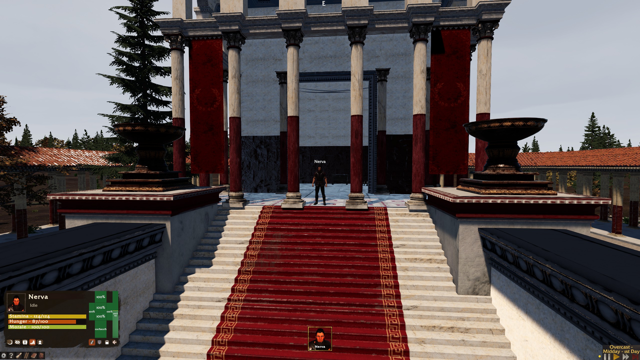 A character standing above a red-carpeted staircase at a columned imperial hall in Mortalis