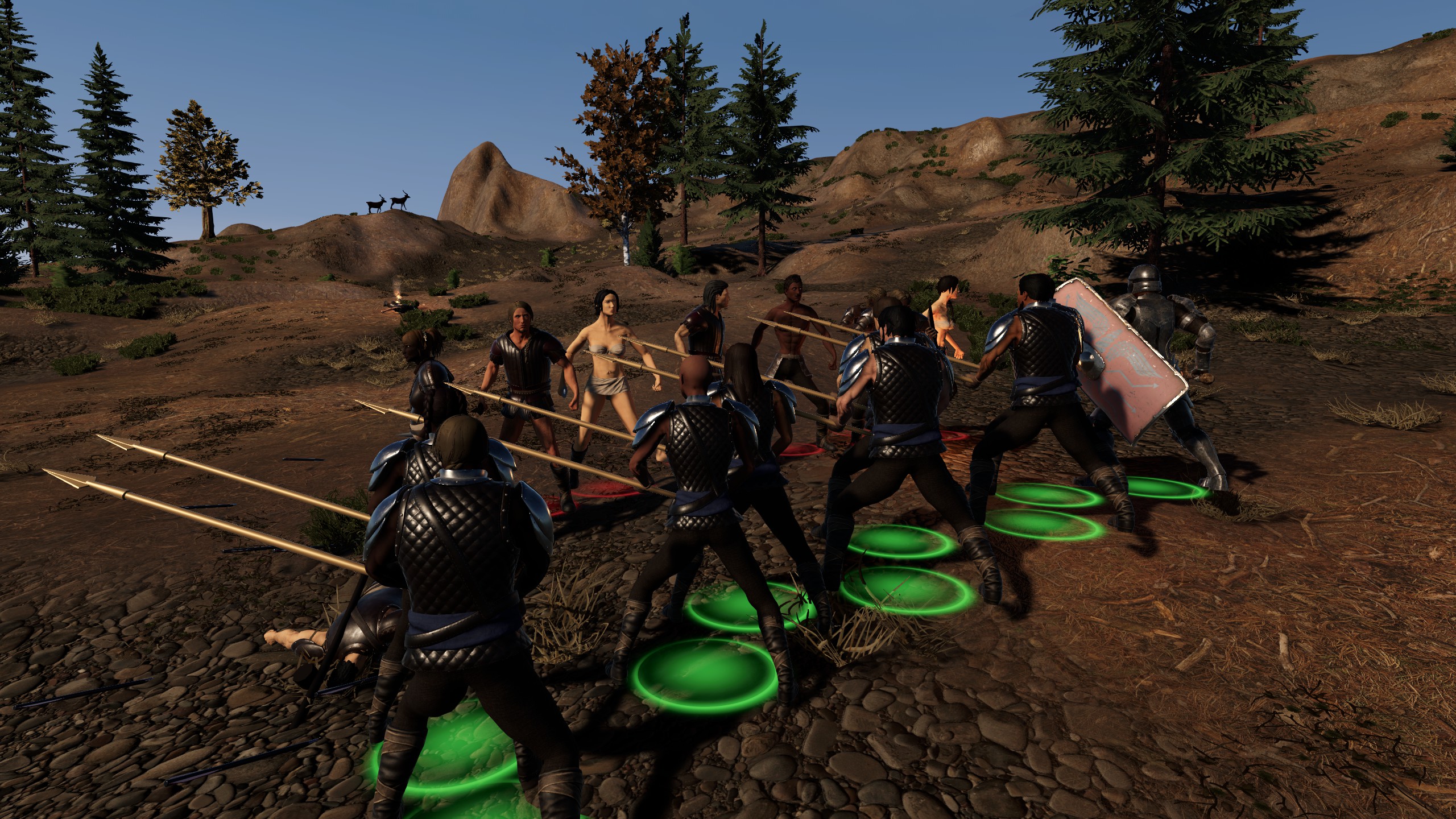 An armored spear line engaging opponents on a forest road in Mortalis