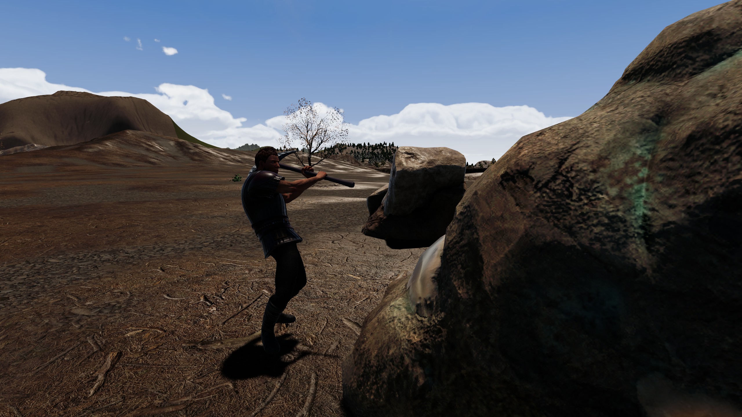 A character swinging a pickaxe at a rock outcrop in Mortalis
