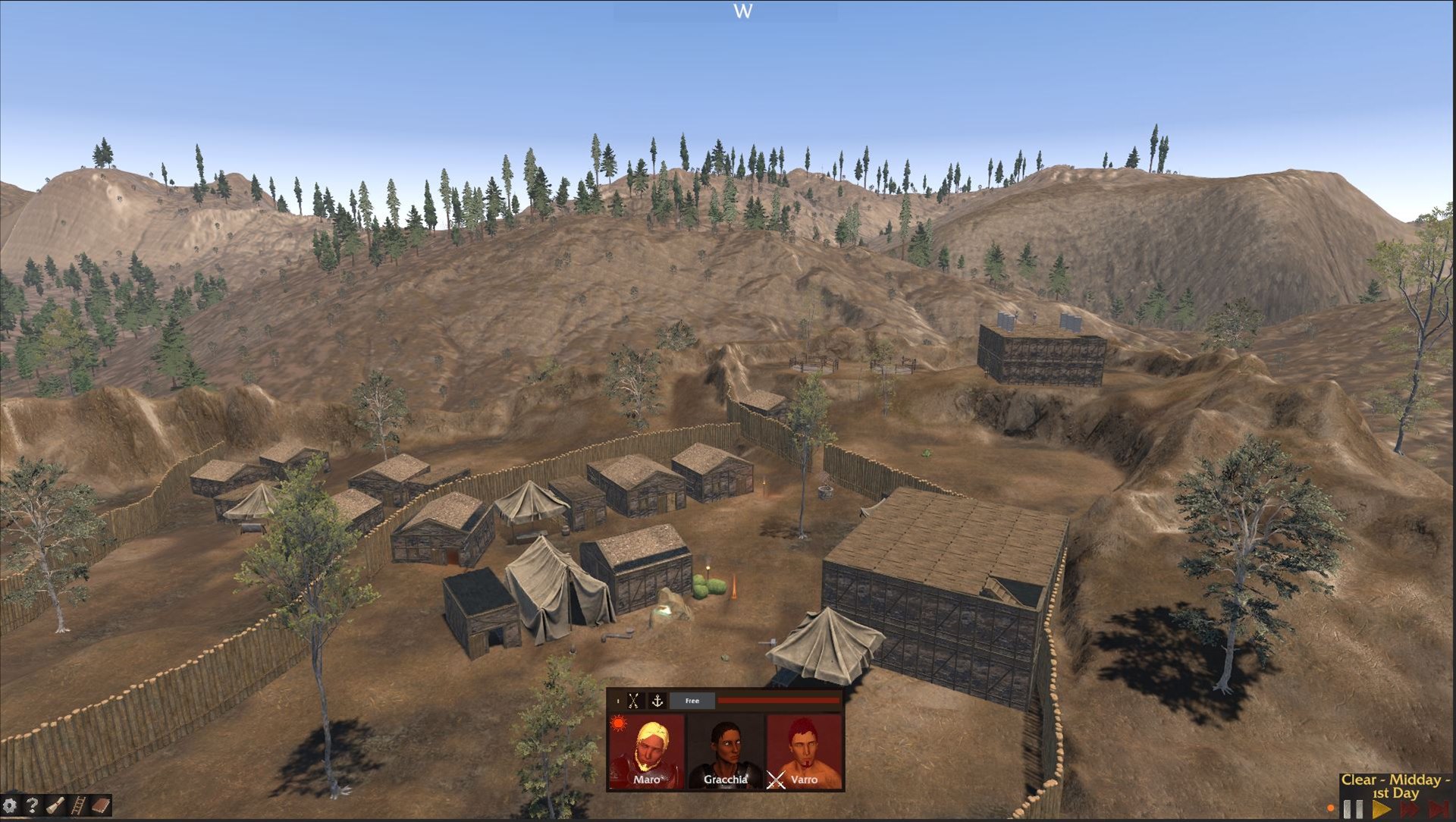 An overhead view of a fortified settlement and its inhabitants in Mortalis