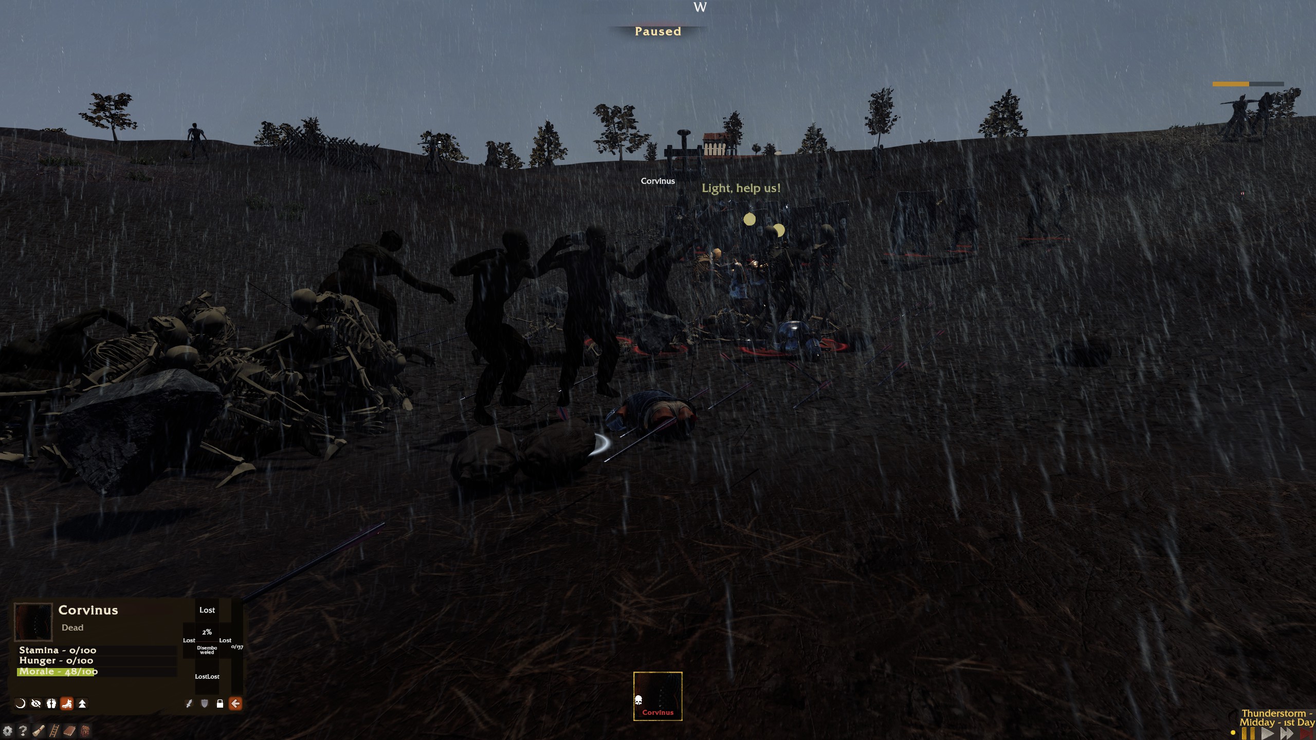 Undead surrounding fallen soldiers during a rain-soaked battle in Mortalis