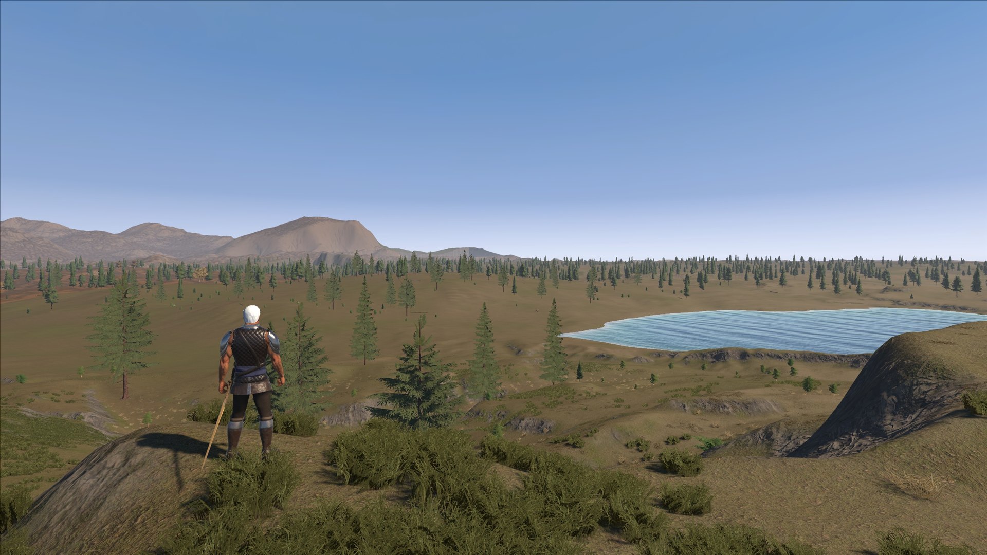 A lone traveler overlooking a lake, forest, and distant mountains in Mortalis
